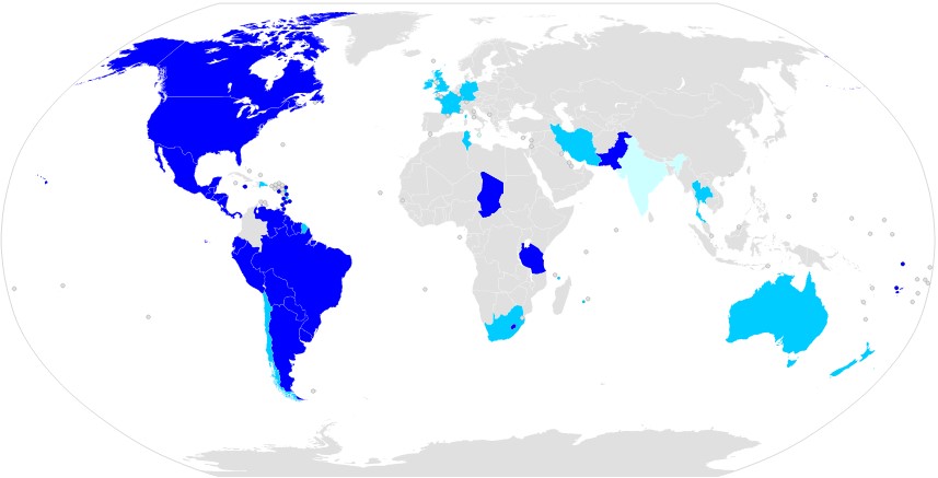 출생지주의 국가가 표시된 세계지도